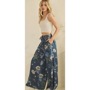 Sage + Fig Blue Floral Wide Leg Pants Cotton Chambray Boho Raw Hem Large SP8272